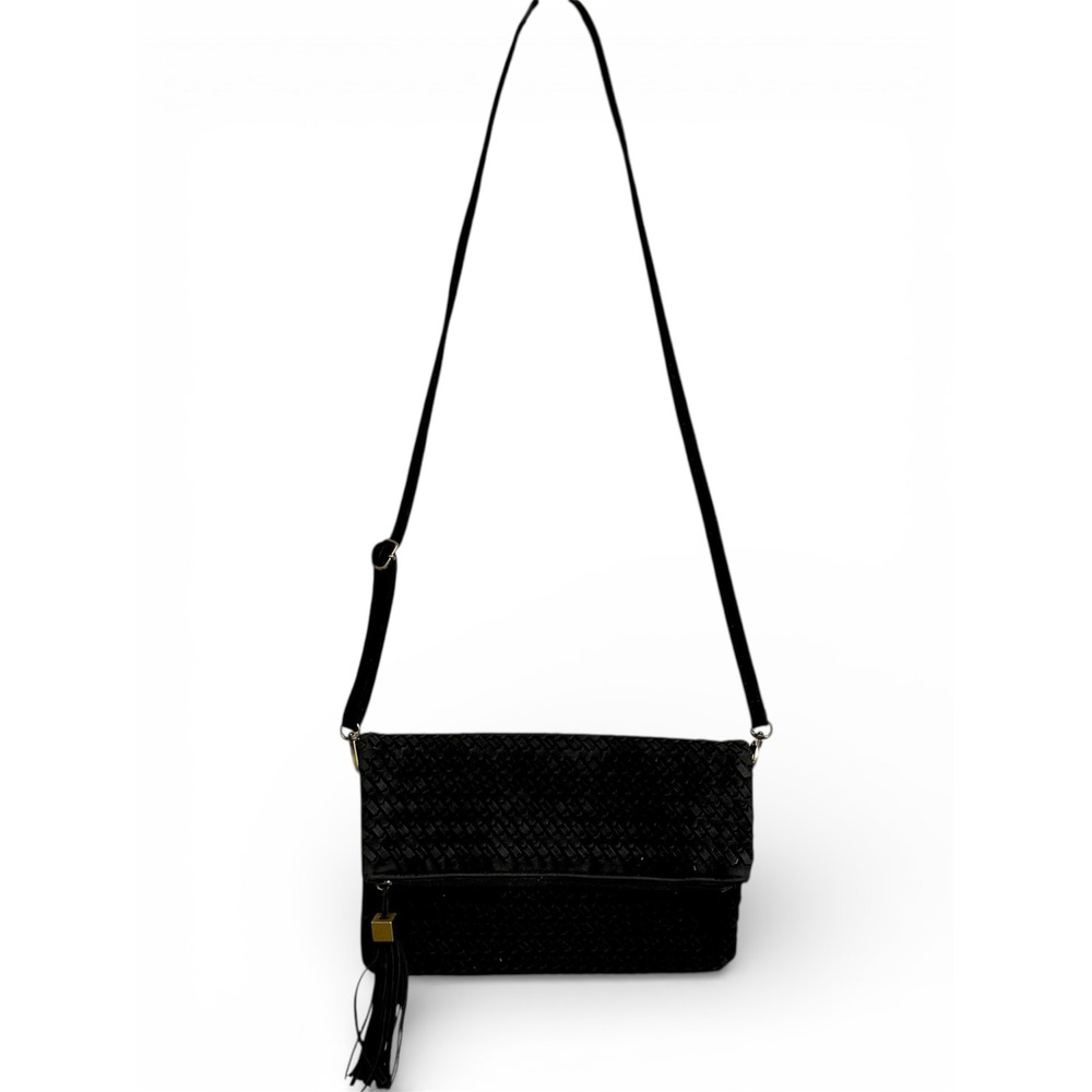 Lulus Black Woven Faux Leather/Suede Tassel Crossbody Bag Foldover Flap